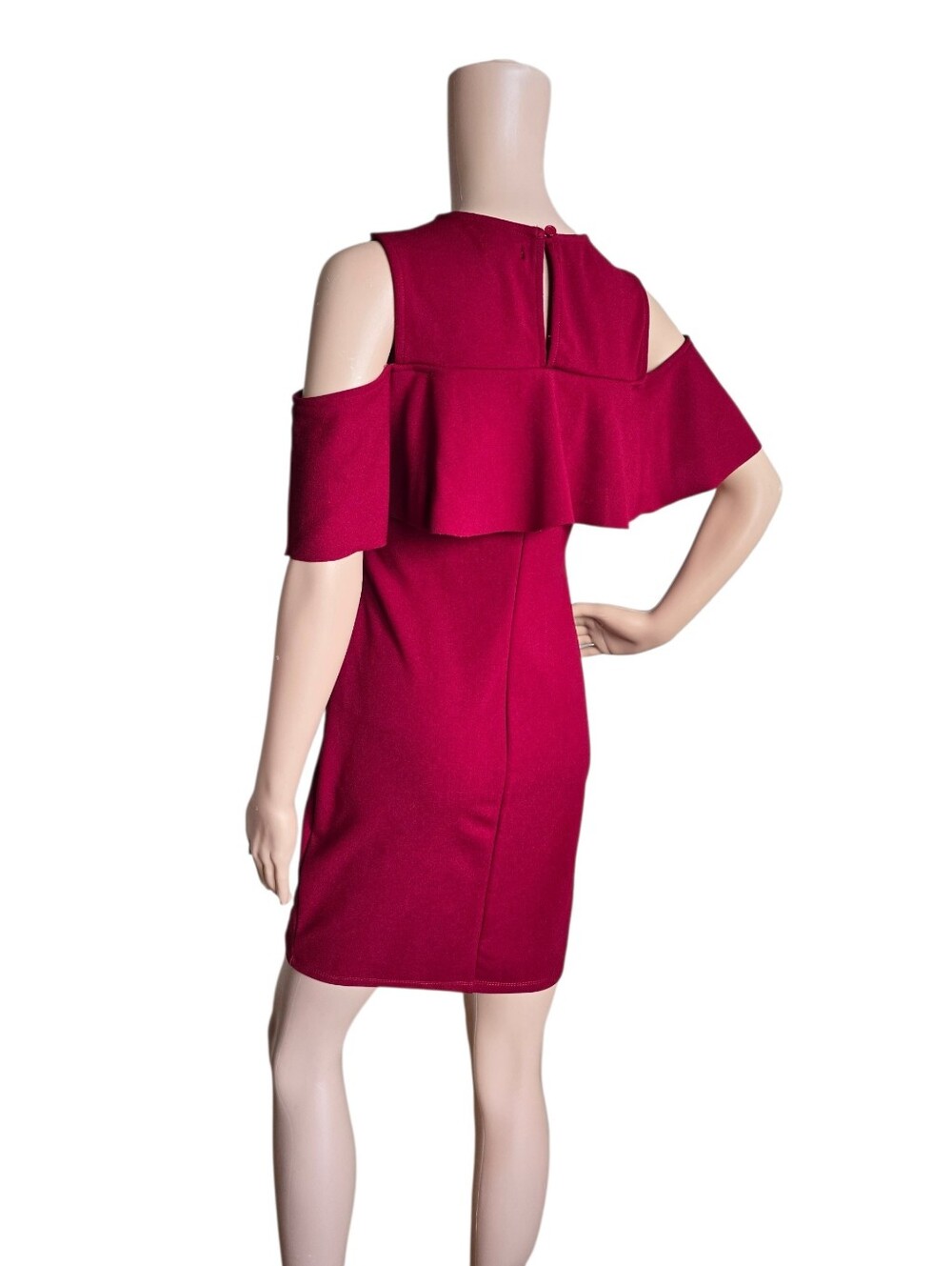 Cold-Shoulder Ruffle Sheath Dress in Deep Red - Picture 9 of 16